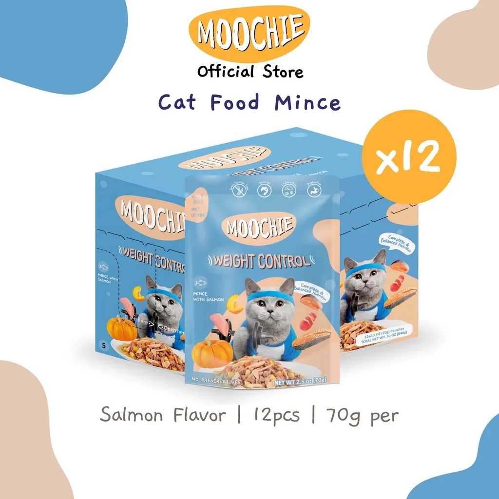 Moochie Value Box Wet Cat Food Mince Weight Control Salmon Flavor 70g Pouch X12