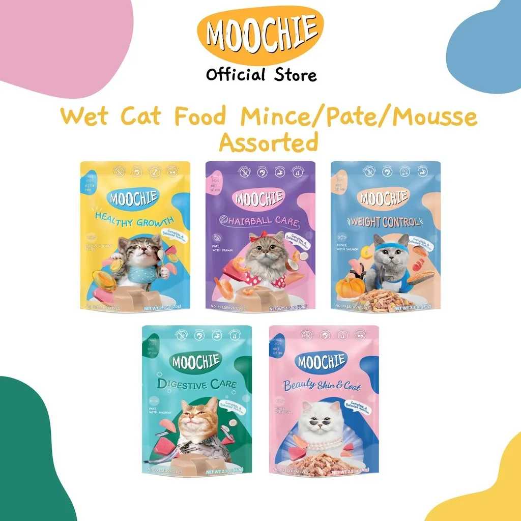 Moochie Wet Cat Food Mince/Pate/Mousse Assorted Flavors W/ Unique Benefits 70g Pouch