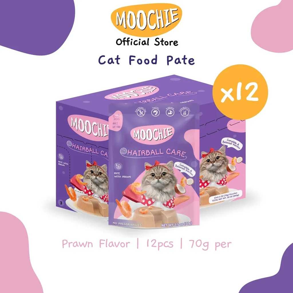 Moochie Value Box Wet Cat Food Pate Hairball Care Prawn Flavor 70g Pouch X12