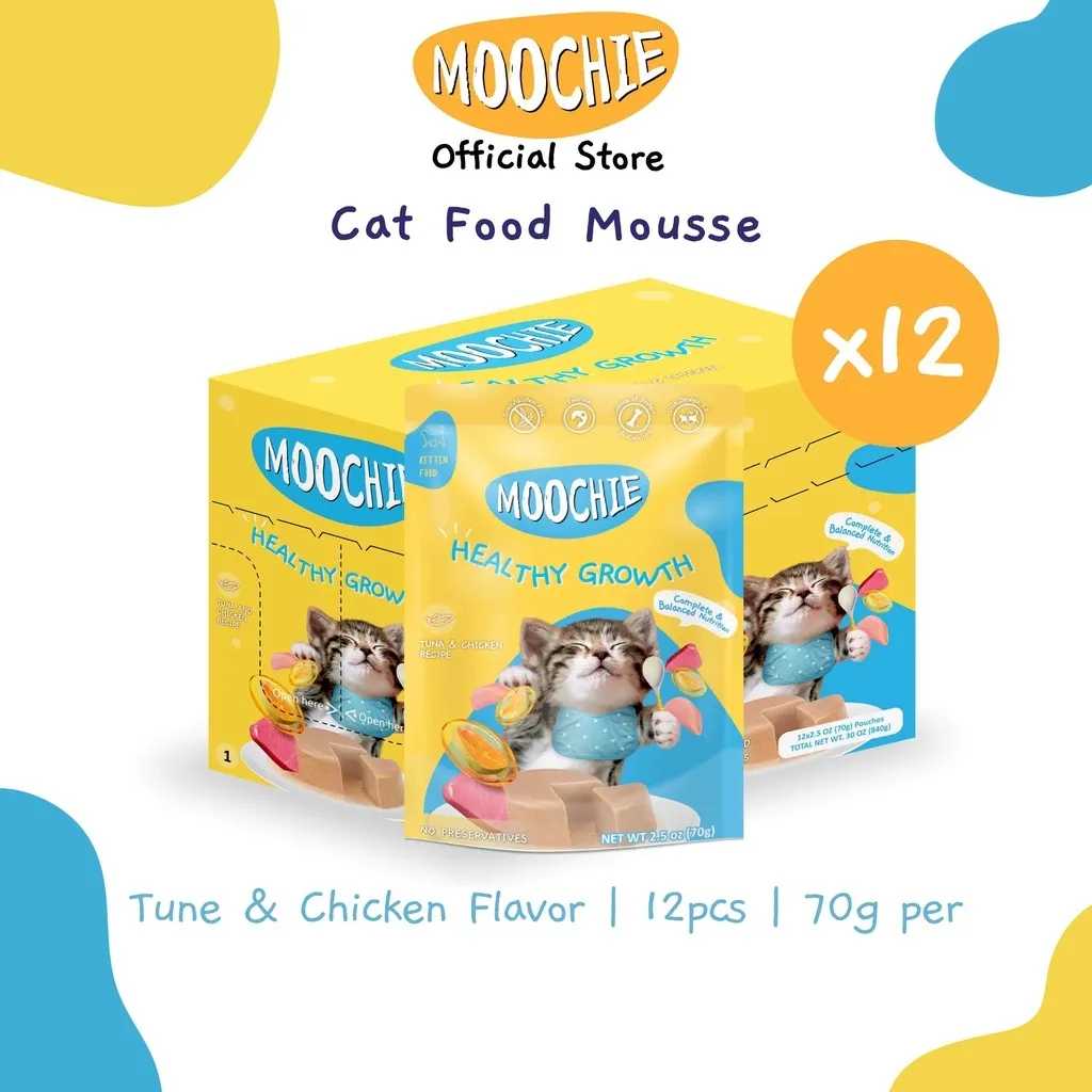 Moochie Value Box Wet Cat Food Mousse Healthy Growth Tuna & Chicken Flavor 70g Pouch X12 for Kitten