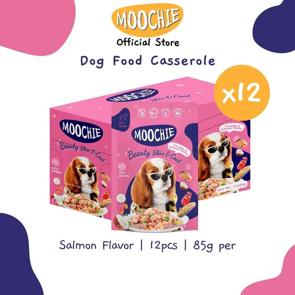 Moochie Value Box Wet Dog Food Casserole Beauty Skin & Coat Salmon Flavor 85g Pouch X12